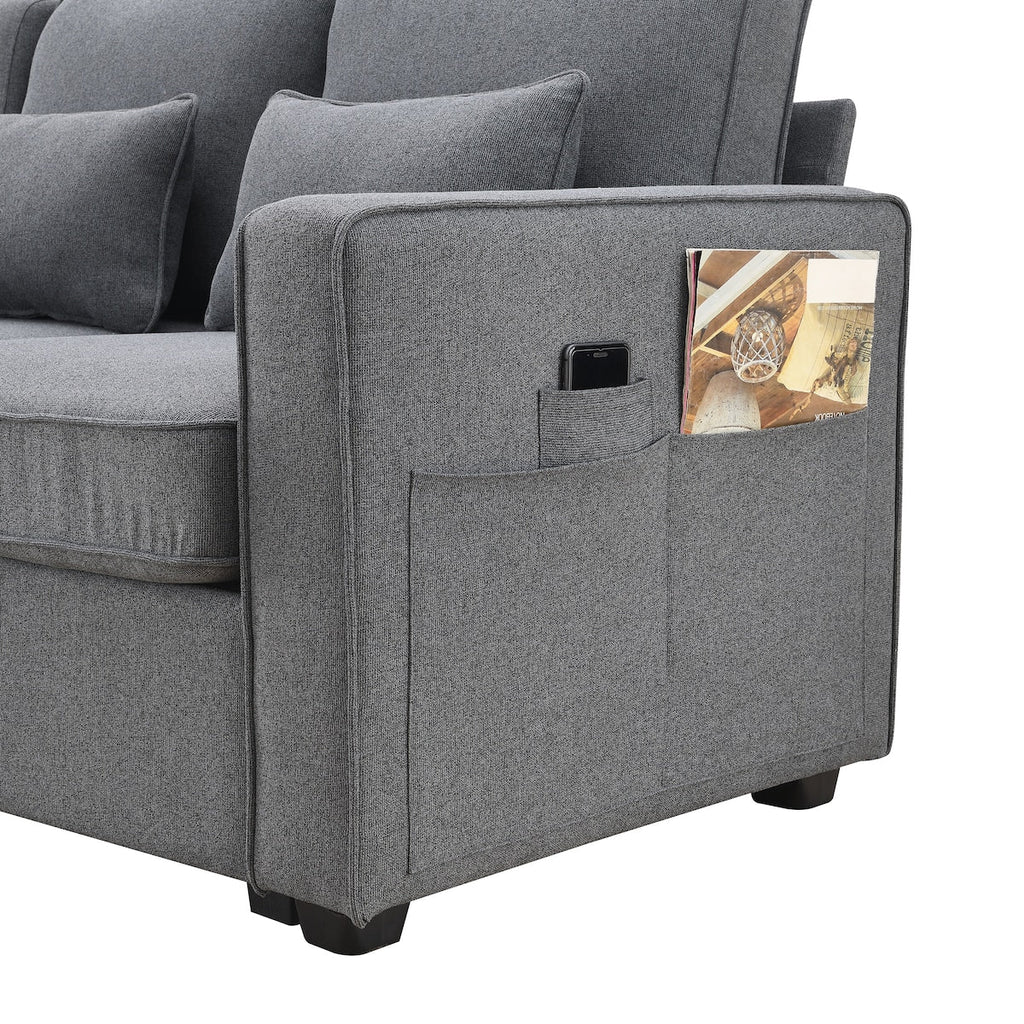Canapé moderne 4 places en tissu lin avec poches sur les accoudoirs et 4 coussins