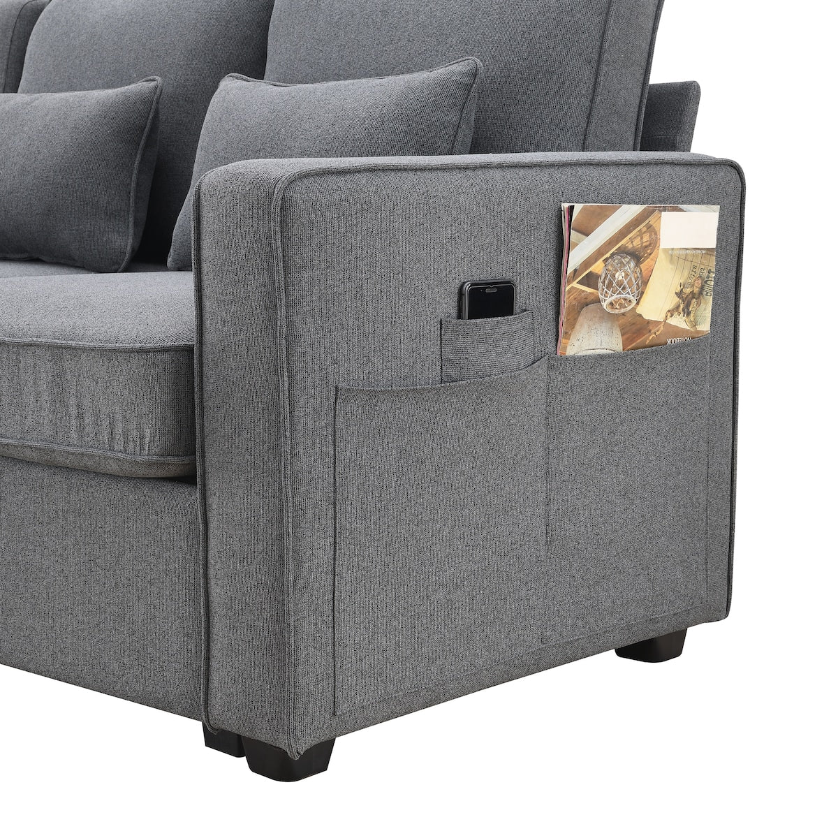 Canapé moderne 4 places en tissu lin avec poches sur les accoudoirs et 4 coussins