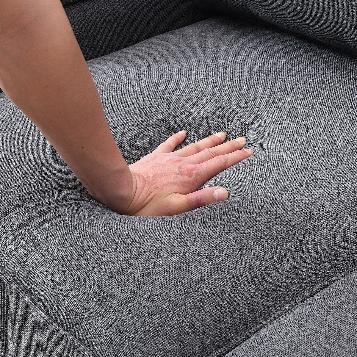 Canapé moderne 4 places en tissu lin avec poches sur les accoudoirs et 4 coussins