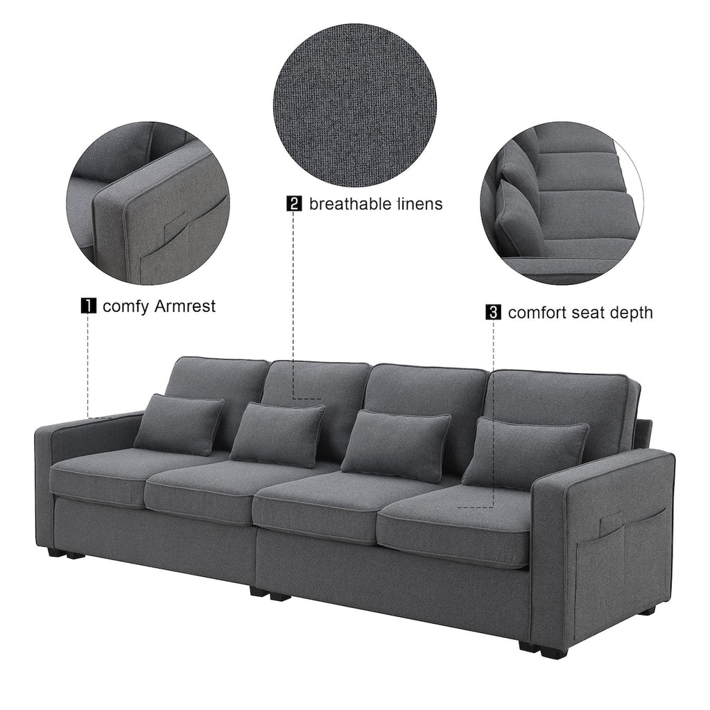 Canapé moderne 4 places en tissu lin avec poches sur les accoudoirs et 4 coussins