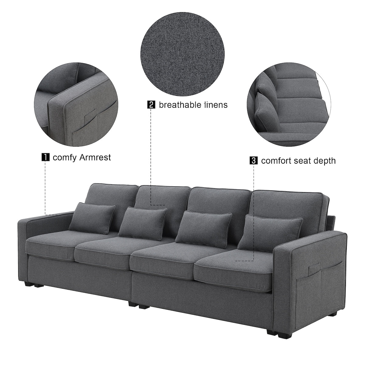 Canapé moderne 4 places en tissu lin avec poches sur les accoudoirs et 4 coussins