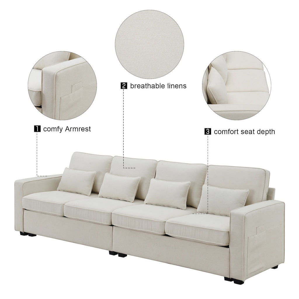 Canapé moderne 4 places en tissu lin avec poches sur les accoudoirs et 4 coussins