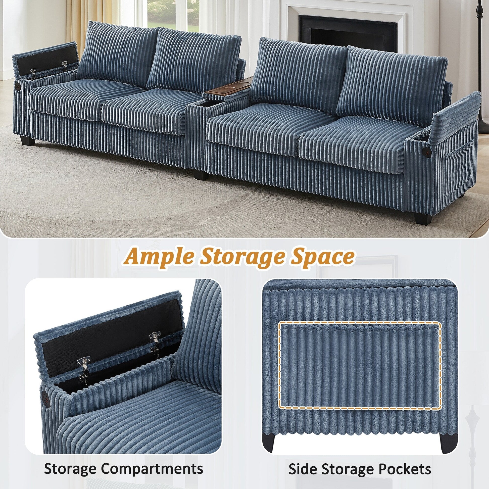 Canapé 4 places en velours côtelé, modèle 133, avec ports USB, accoudoirs avec rangement intégré et porte-gobelets rabattables pour le salon.