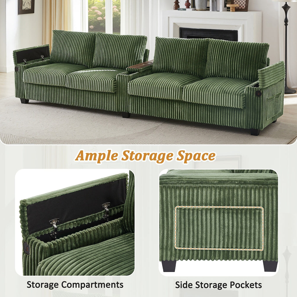 Canapé 4 places en velours côtelé, modèle 133, avec ports USB, accoudoirs avec rangement intégré et porte-gobelets rabattables pour le salon.