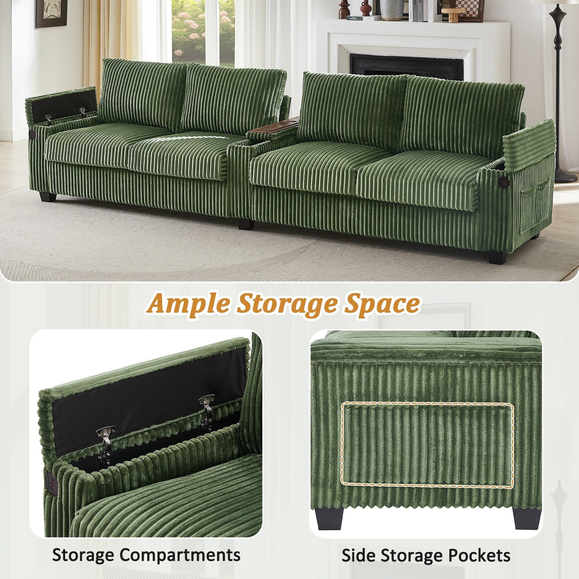 Canapé 4 places en velours côtelé, modèle 133, avec ports USB, accoudoirs avec rangement intégré et porte-gobelets rabattables pour le salon.
