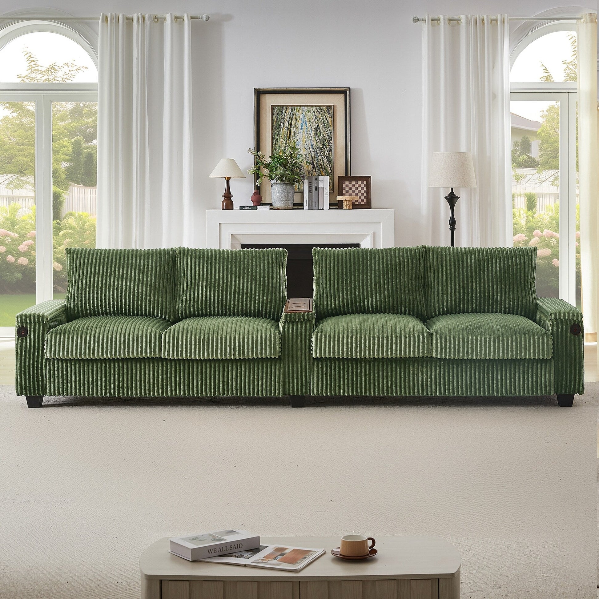 Canapé 4 places en velours côtelé, modèle 133, avec ports USB, accoudoirs avec rangement intégré et porte-gobelets rabattables pour le salon.