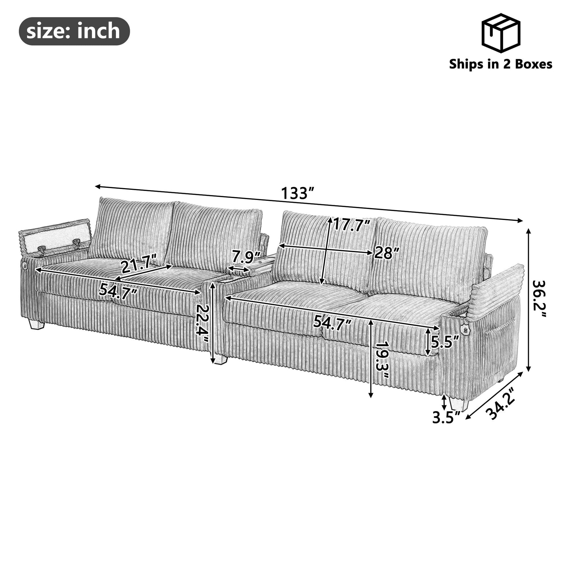 Canapé 4 places en velours côtelé, modèle 133, avec ports USB, accoudoirs avec rangement intégré et porte-gobelets rabattables pour le salon.