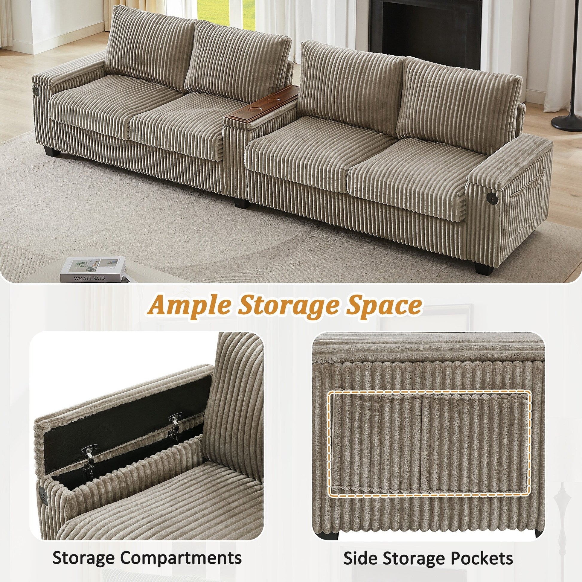 Canapé 4 places en velours côtelé, modèle 133, avec ports USB, accoudoirs avec rangement intégré et porte-gobelets rabattables pour le salon.