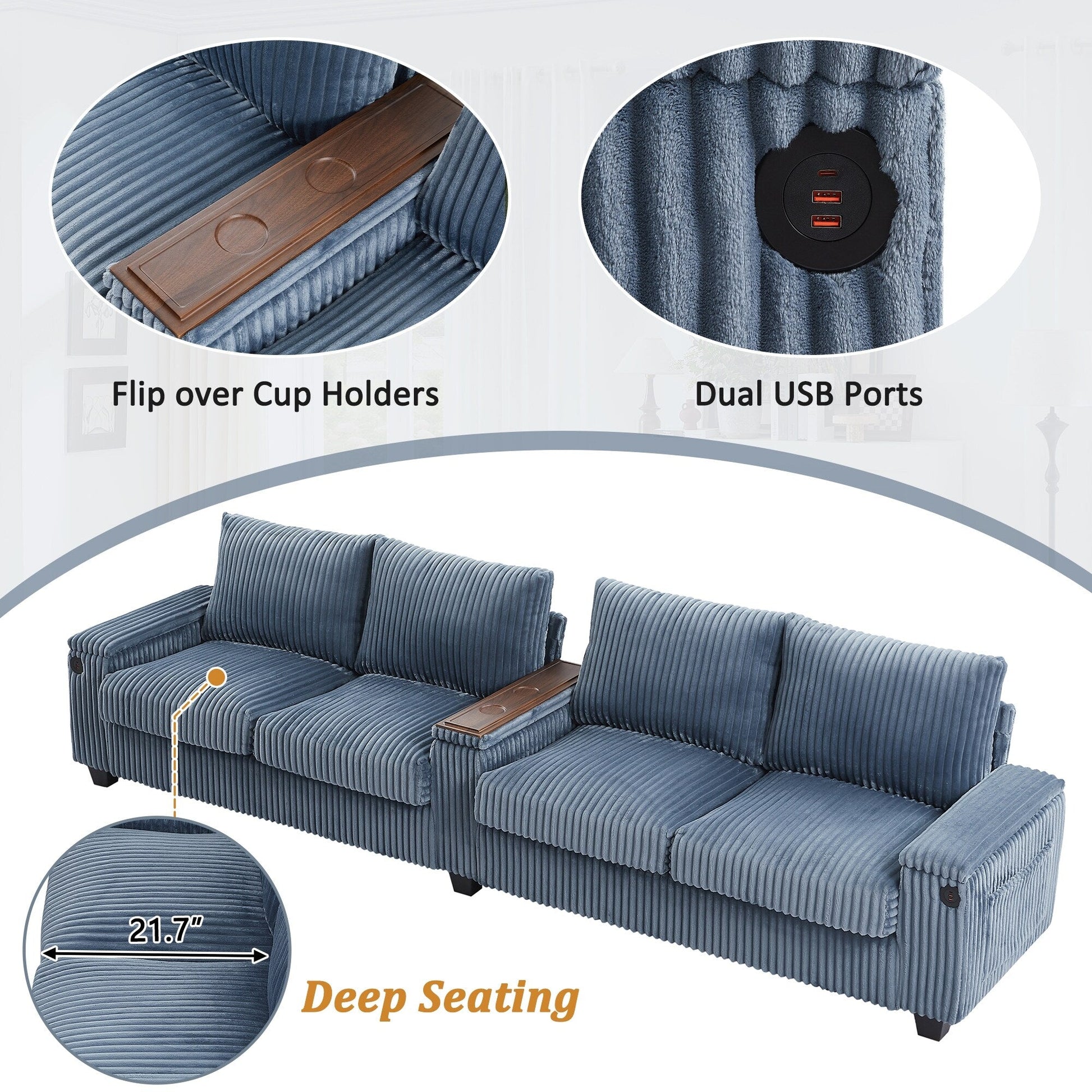 Canapé 4 places en velours côtelé, modèle 133, avec ports USB, accoudoirs avec rangement intégré et porte-gobelets rabattables pour le salon.