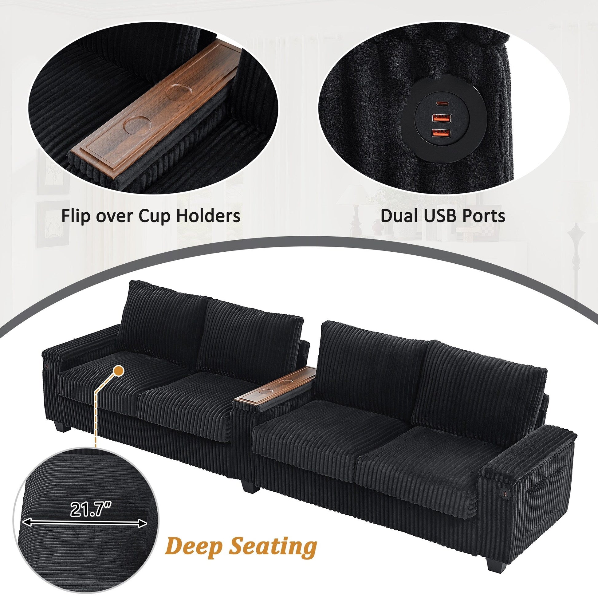 Canapé 4 places en velours côtelé, modèle 133, avec ports USB, accoudoirs avec rangement intégré et porte-gobelets rabattables pour le salon.