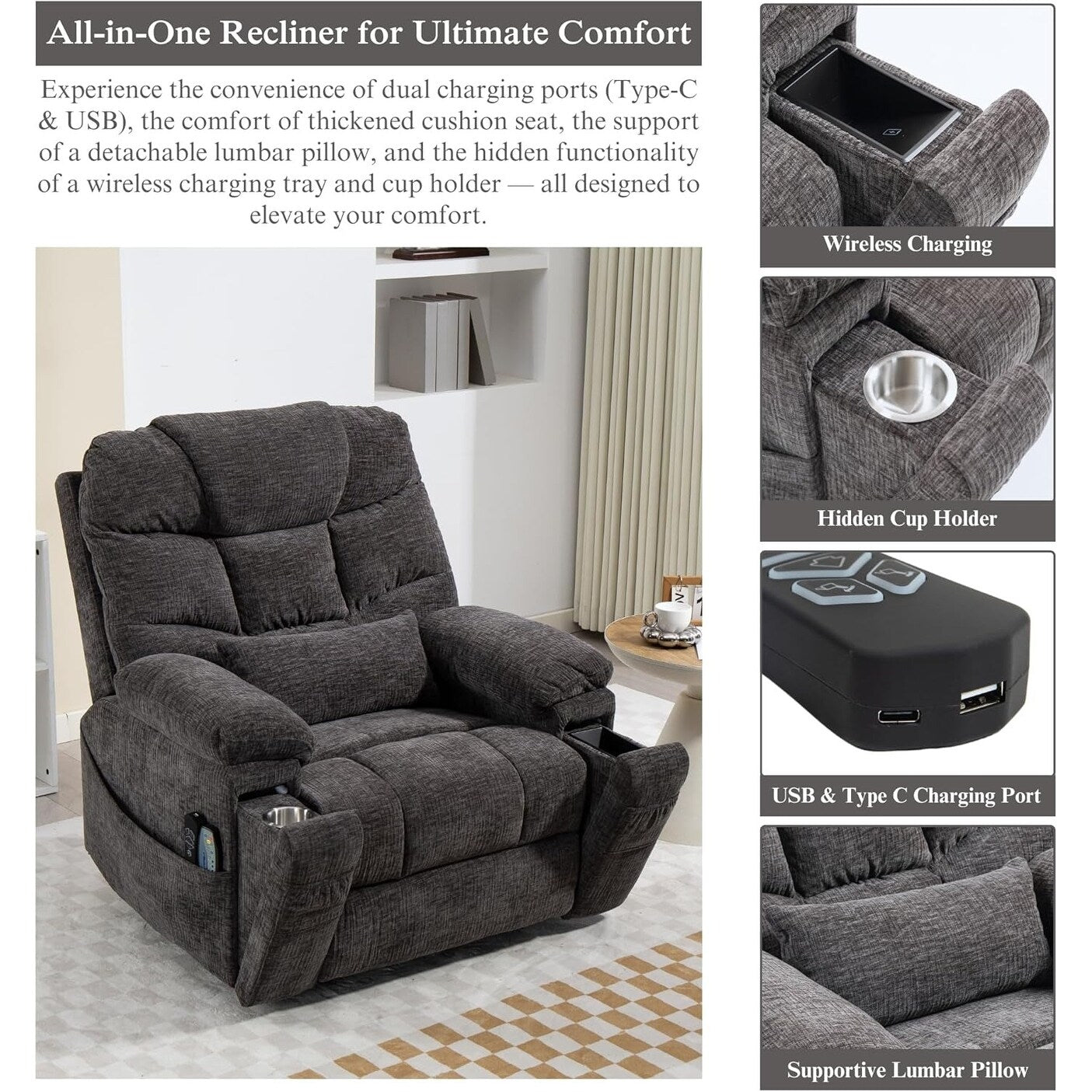 Fauteuil releveur électrique à double moteur de 40 pouces, avec massage et chauffage, en tissu chenille.