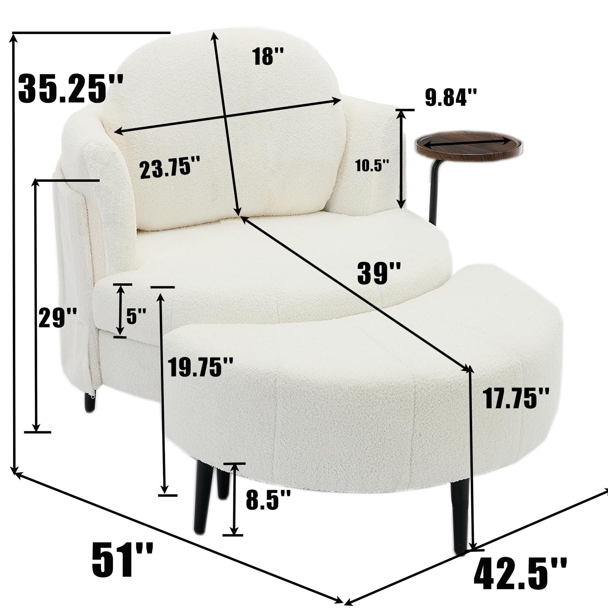 Fauteuil 42.5 avec repose-pieds mobile en forme de croissant