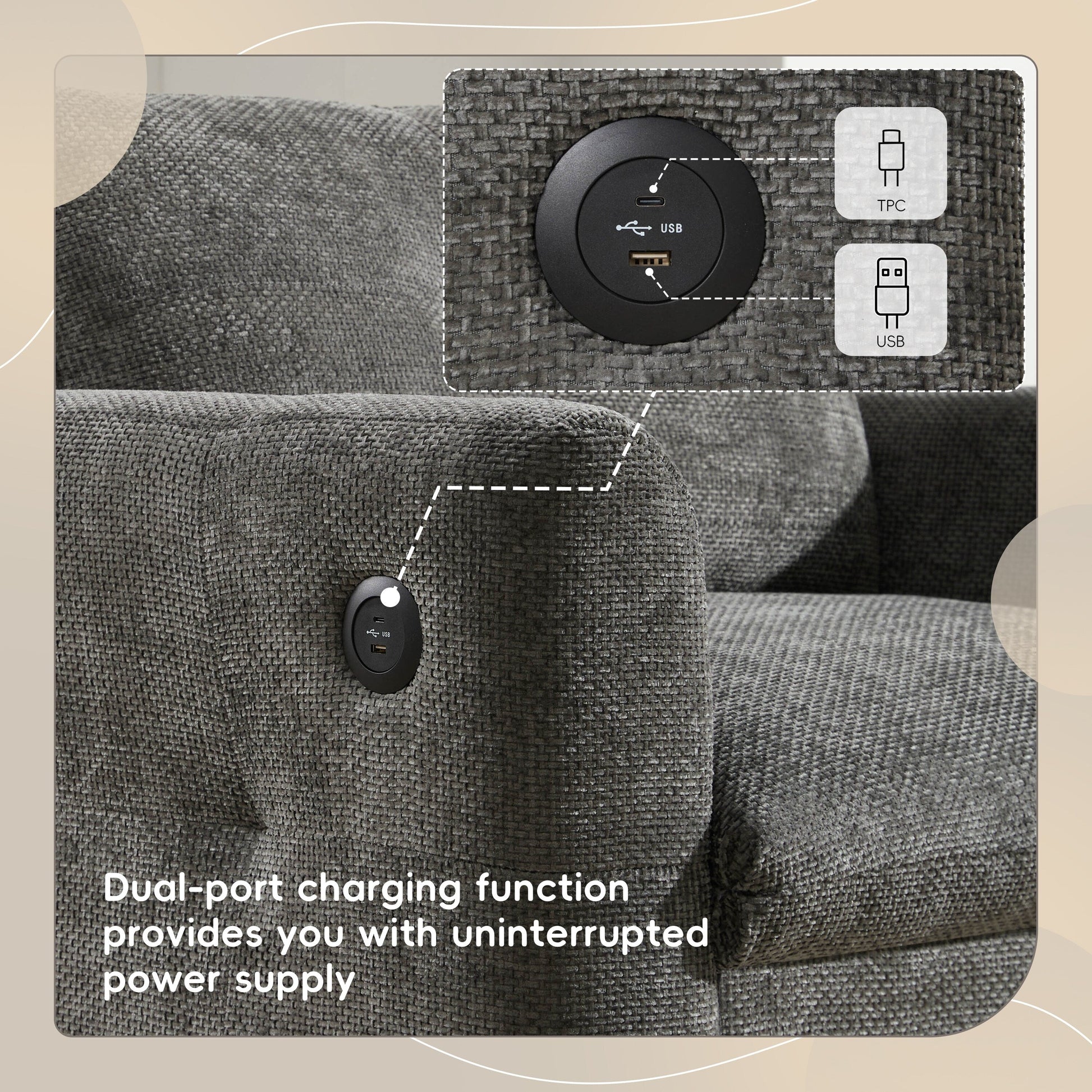 Fauteuil Chenille 42*33, siège large, double chargeur, 2 couleurs