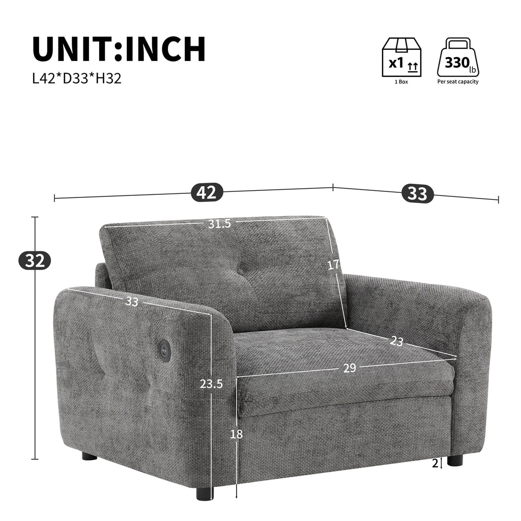 Canapé simple 42*33, fauteuil avec large assise, chargeur double port, design à lignes contrastées et capitonné, mousse haute densité.
