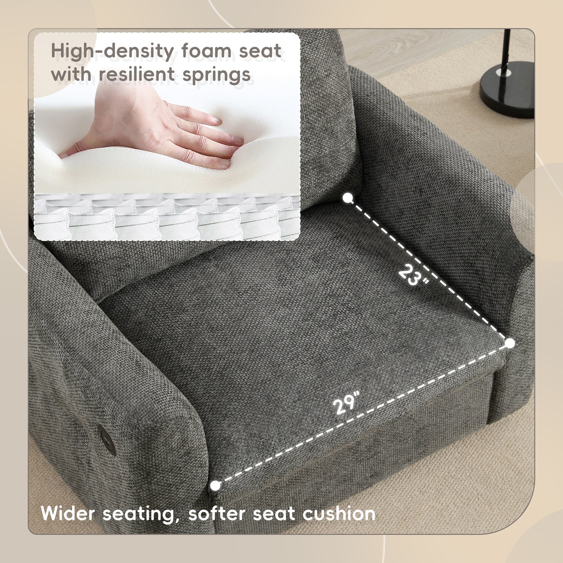 Canapé simple 42*33, fauteuil avec large assise, chargeur double port, design à lignes contrastées et capitonné, mousse haute densité.