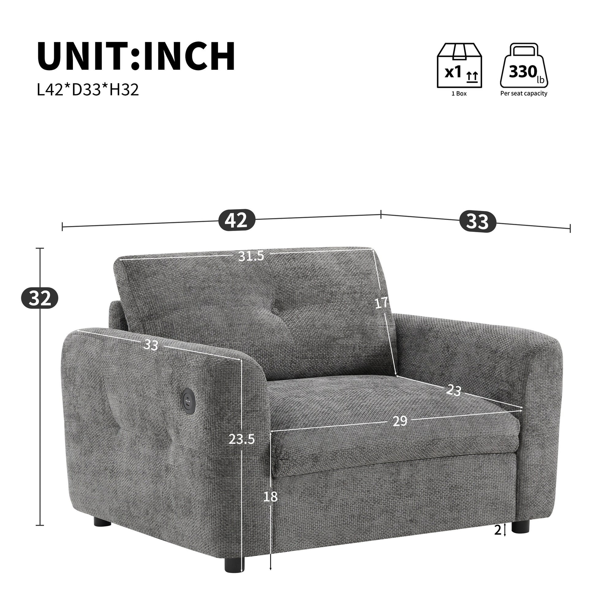 Fauteuil avec dossier large de 42 pouces, chargeur à double port et design à cordon noué par Harper&amp;Bright Designs