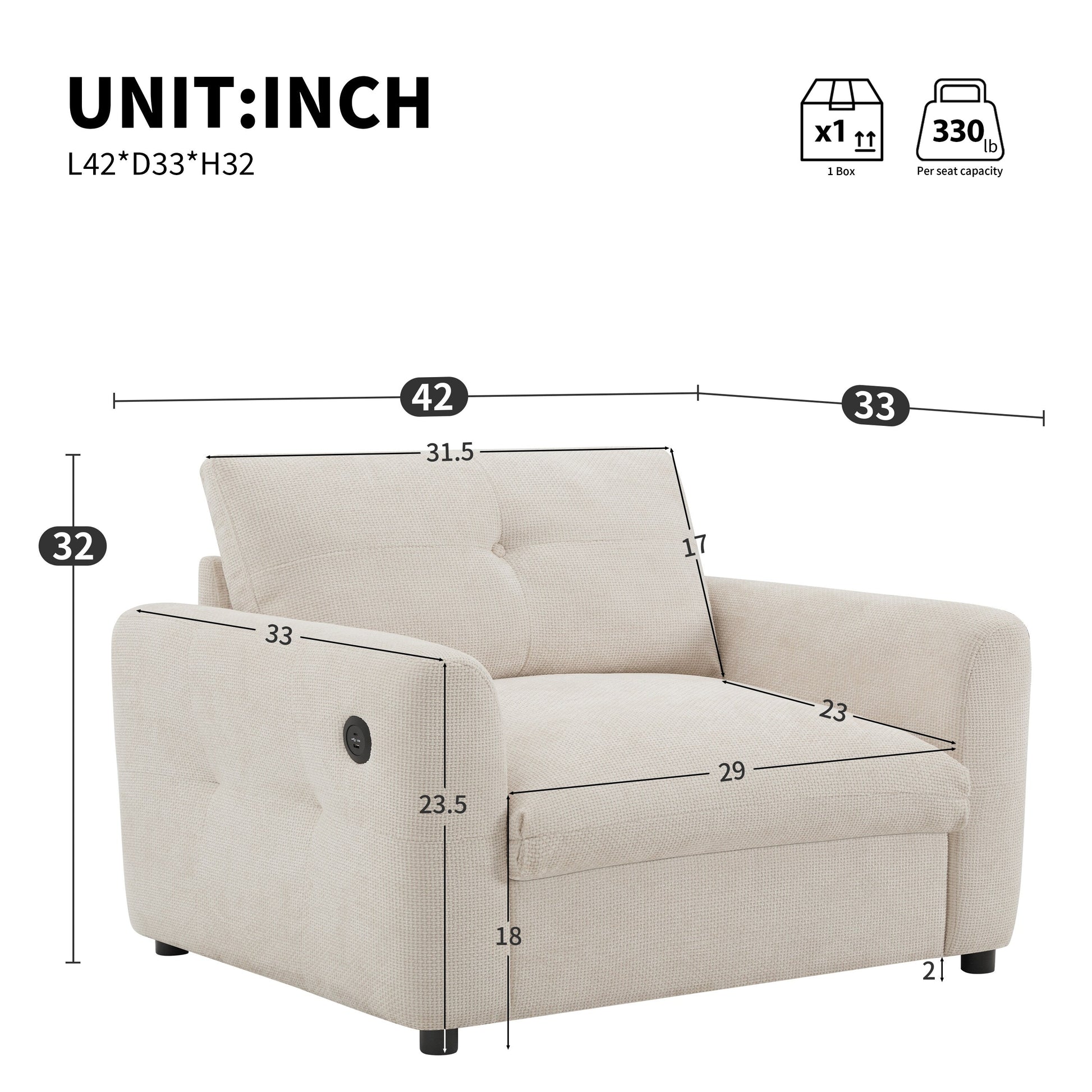 Fauteuil avec dossier large de 42 pouces, chargeur à double port et design à cordon noué par Harper&amp;Bright Designs
