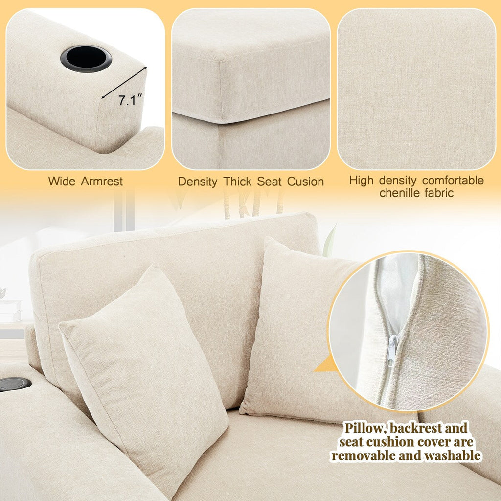 Canapé-lit de style moderne, chaise longue surdimensionnée de 43,5 pouces, avec coussins, station de recharge et porte-gobelets, tissu chenille.