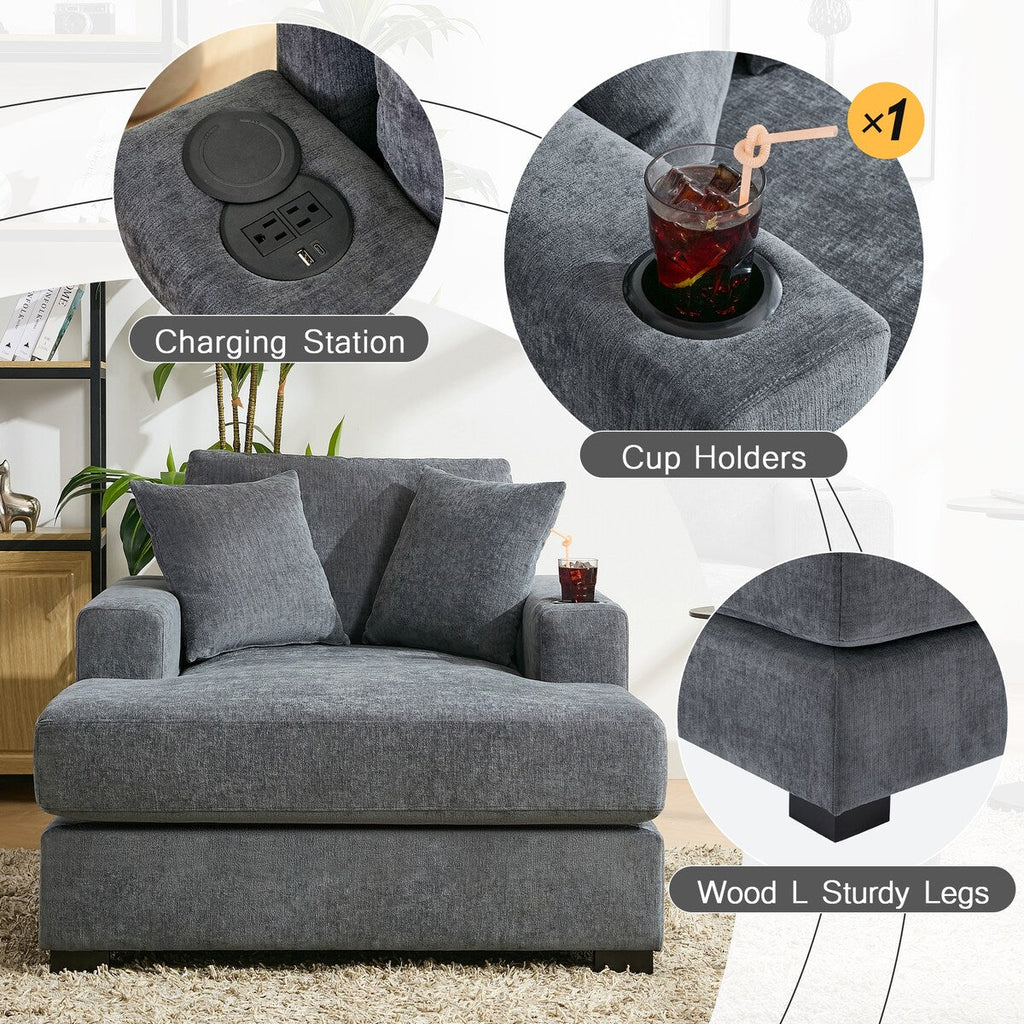 Canapé-lit de style moderne, chaise longue surdimensionnée de 43,5 pouces, avec coussins, station de recharge et porte-gobelets, tissu chenille.