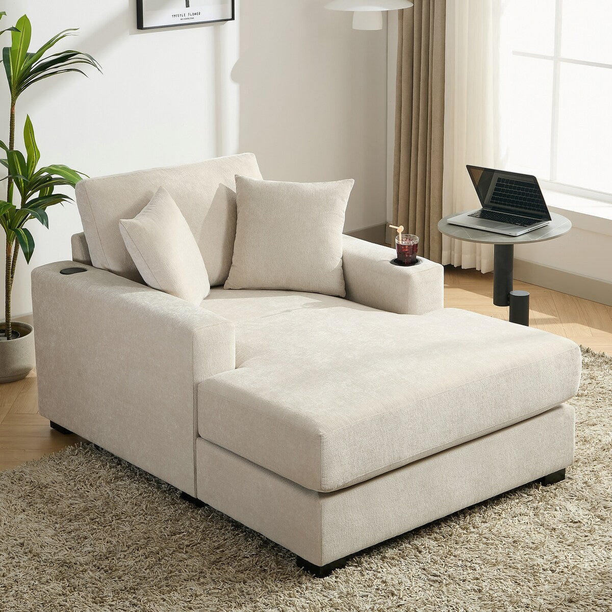 Canapé-lit de style moderne, chaise longue surdimensionnée de 43,5 pouces, avec coussins, station de recharge et porte-gobelets, tissu chenille.