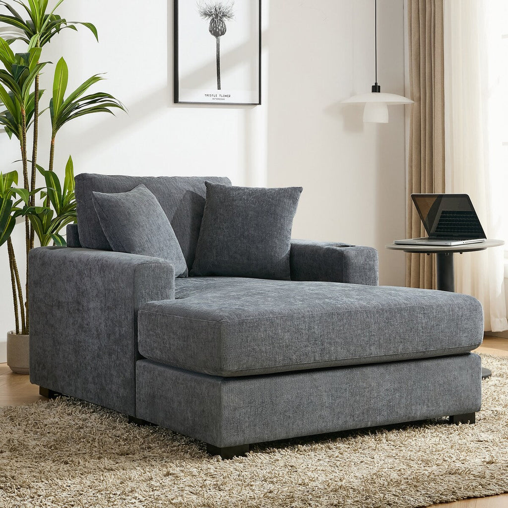 Canapé-lit de style moderne, chaise longue surdimensionnée de 43,5 pouces, avec coussins, station de recharge et porte-gobelets, tissu chenille.