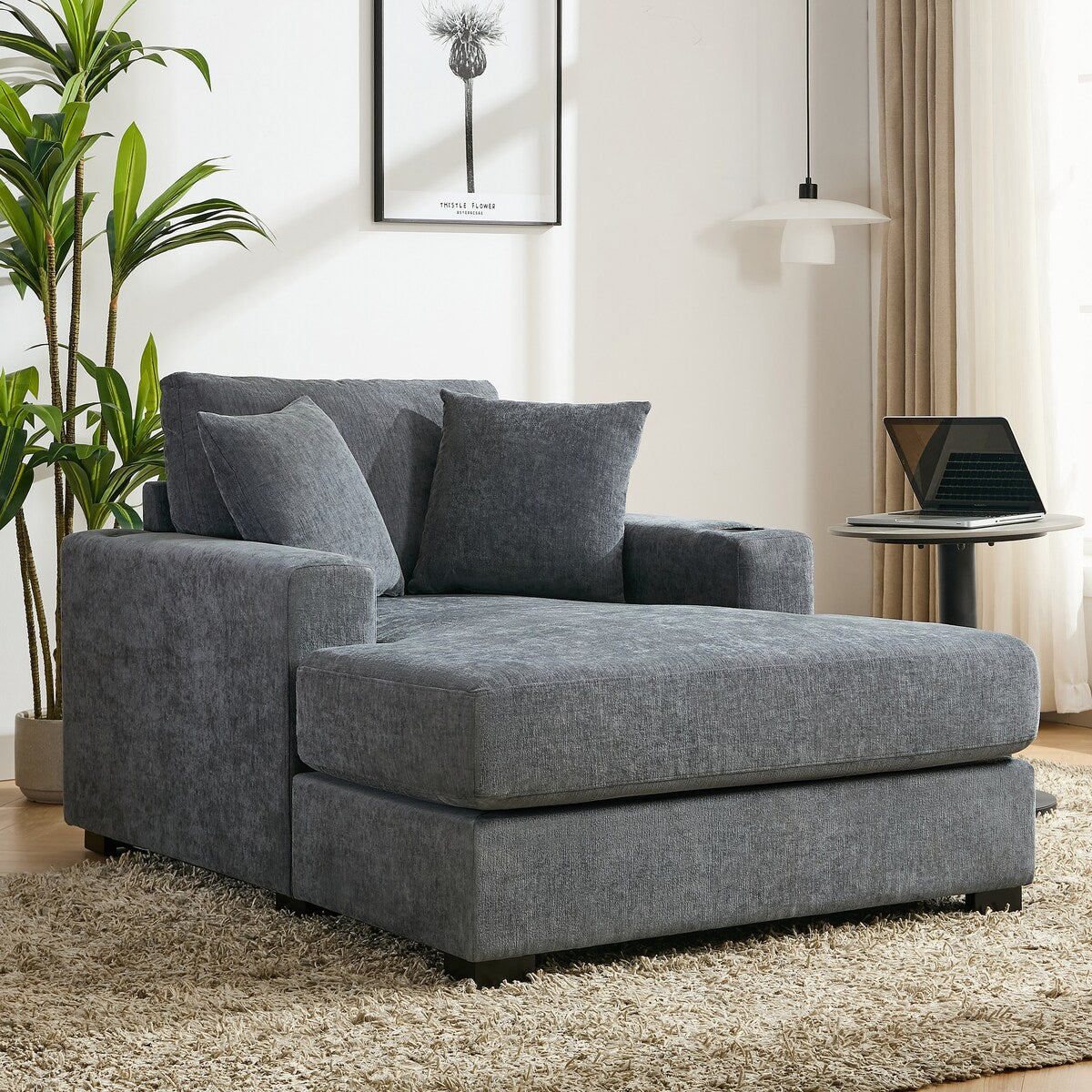 Canapé-lit de style moderne, chaise longue surdimensionnée de 43,5 pouces, avec coussins, station de recharge et porte-gobelets, tissu chenille.