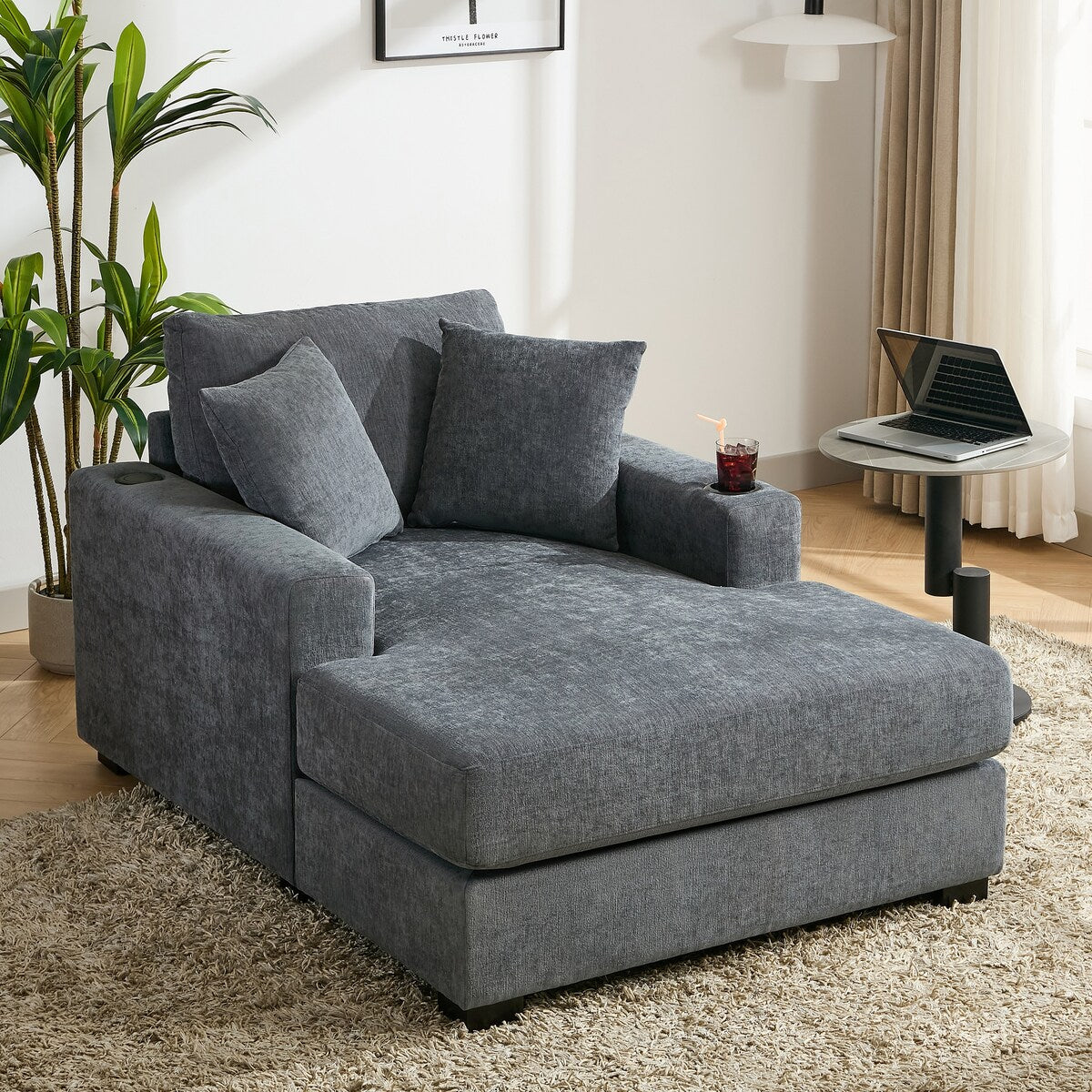 Canapé-lit de style moderne, chaise longue surdimensionnée de 43,5 pouces, avec coussins, station de recharge et porte-gobelets, tissu chenille.