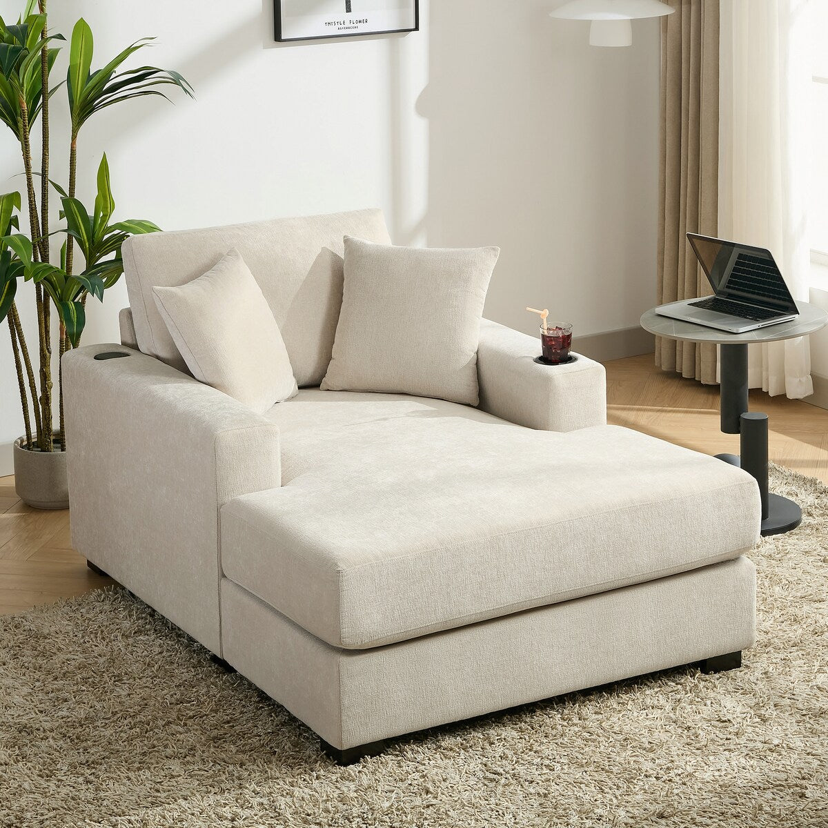 Canapé-lit de style moderne, chaise longue surdimensionnée de 43,5 pouces, avec coussins, station de recharge et porte-gobelets, tissu chenille.
