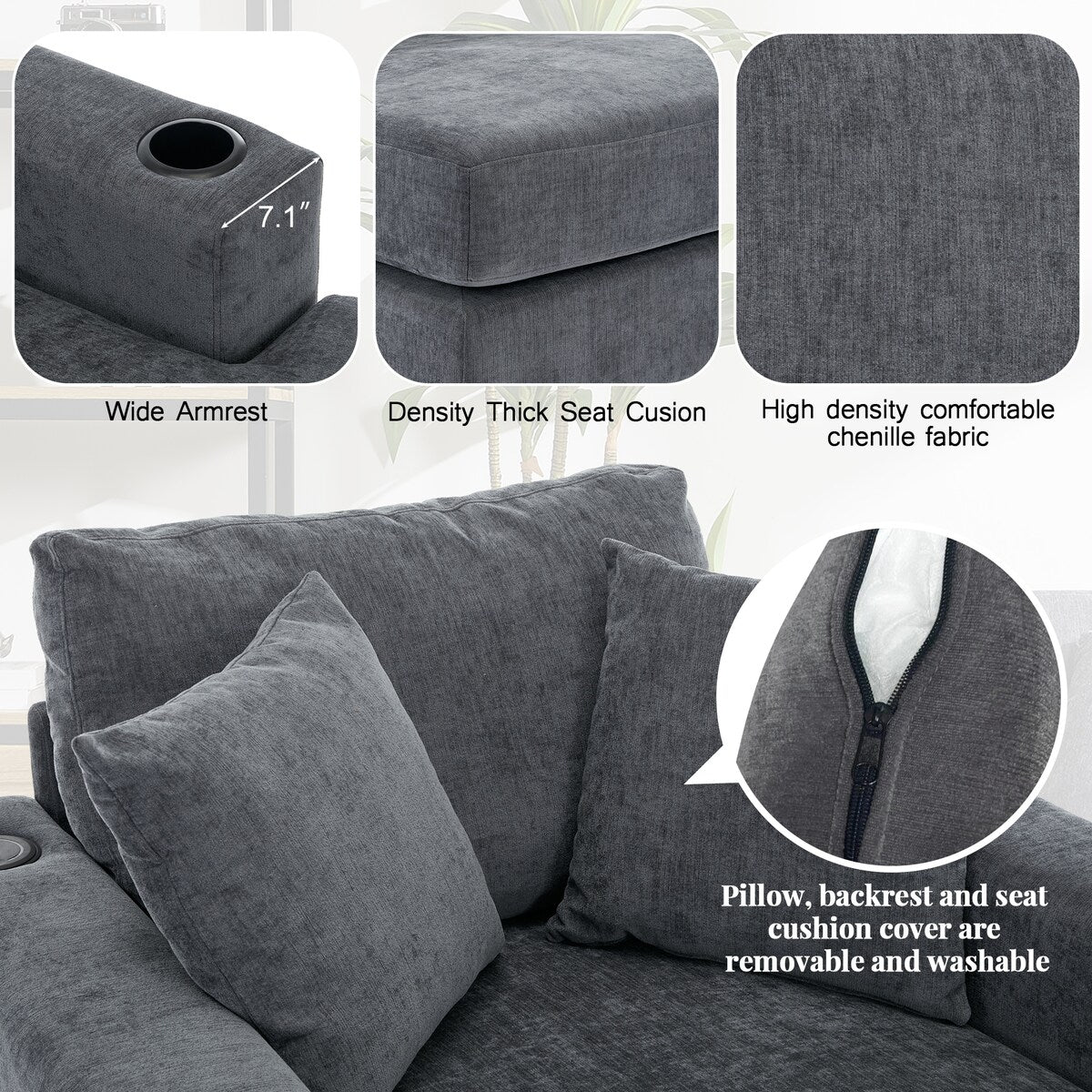 Canapé-lit de style moderne, chaise longue surdimensionnée de 43,5 pouces, avec coussins, station de recharge et porte-gobelets, tissu chenille.