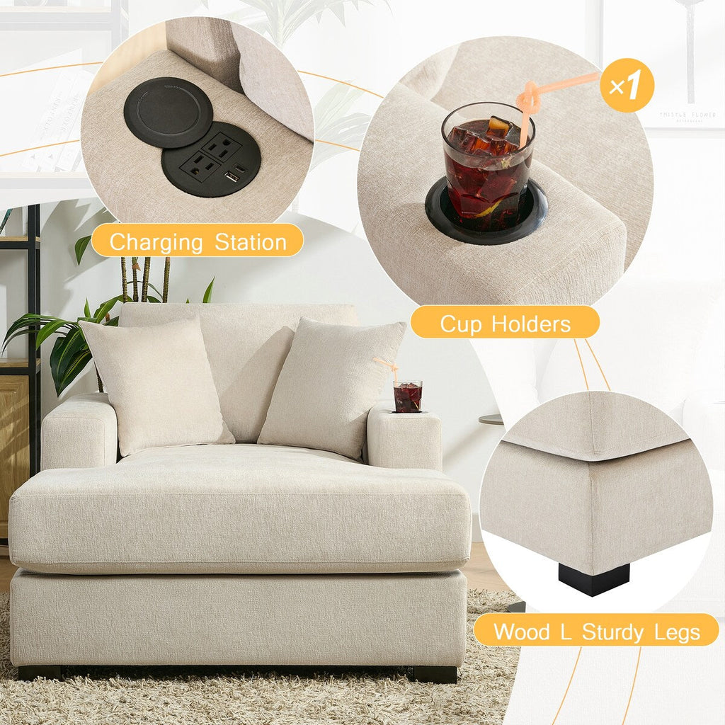 Canapé-lit de style moderne, chaise longue surdimensionnée de 43,5 pouces, avec coussins, station de recharge et porte-gobelets, tissu chenille.