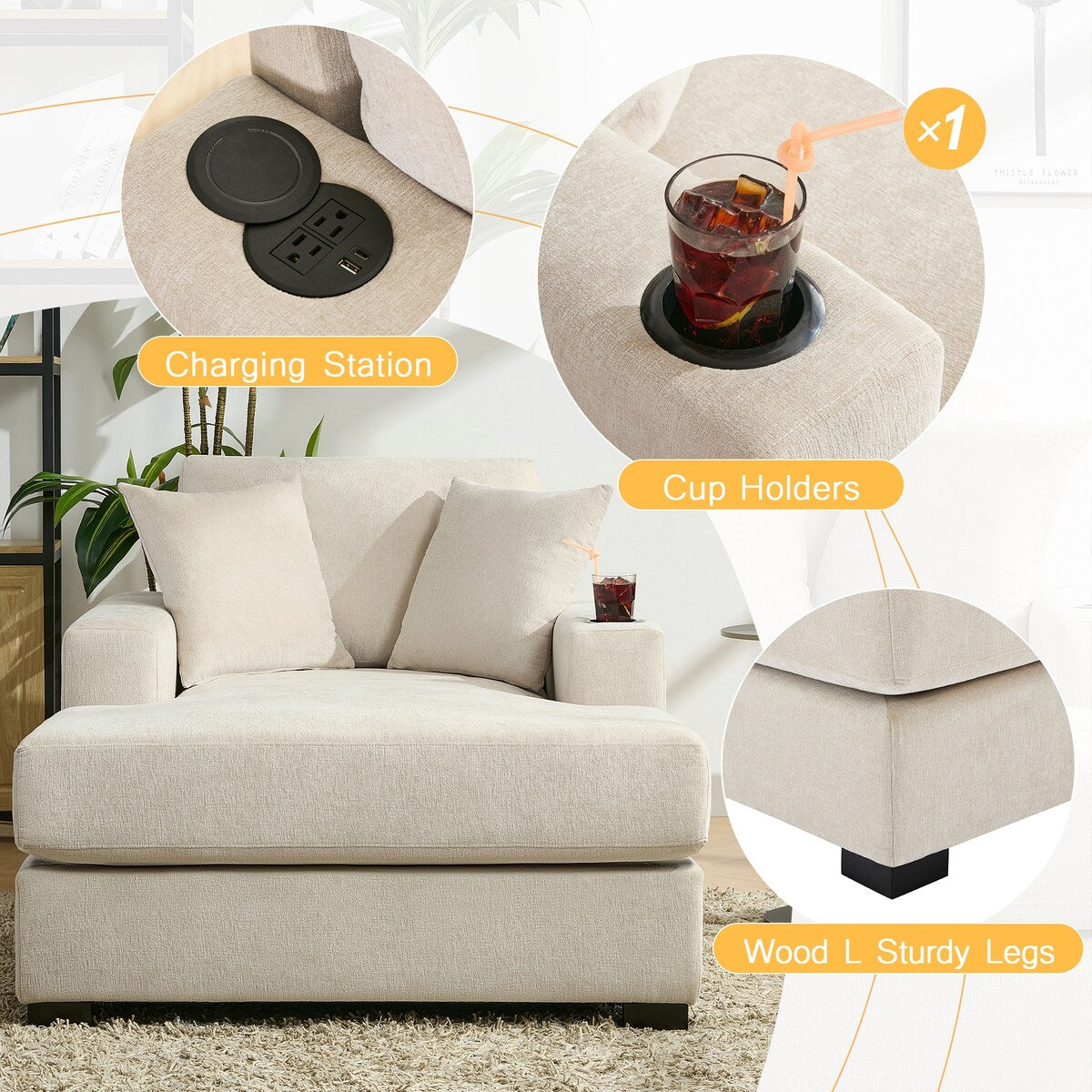 Canapé-lit de style moderne, chaise longue surdimensionnée de 43,5 pouces, avec coussins, station de recharge et porte-gobelets, tissu chenille.