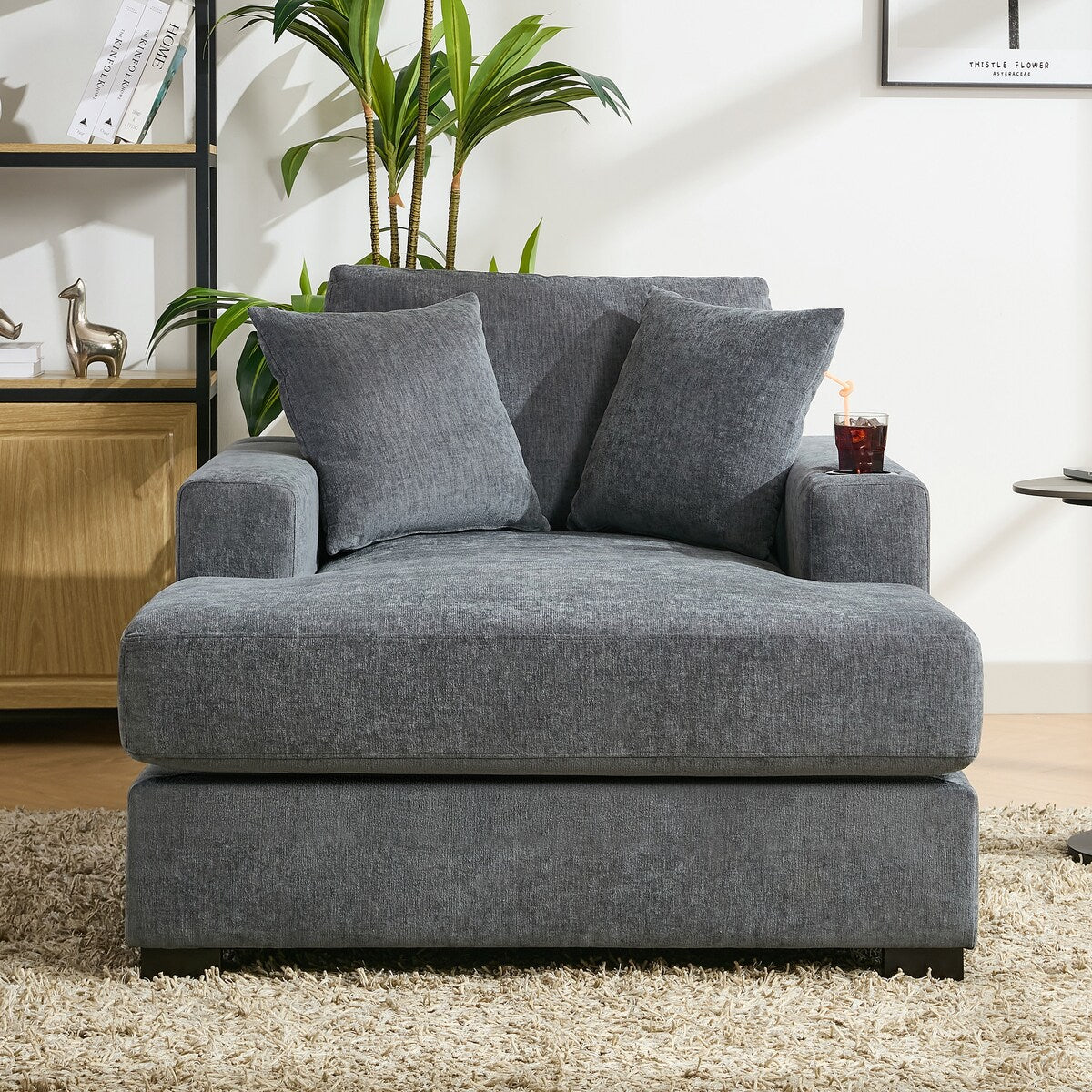 Canapé-lit de style moderne, chaise longue surdimensionnée de 43,5 pouces, avec coussins, station de recharge et porte-gobelets, tissu chenille.