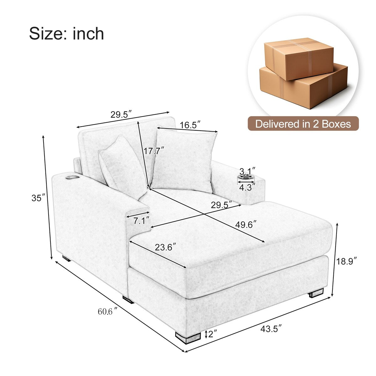 Canapé-lit de style moderne, chaise longue surdimensionnée de 43,5 pouces, avec coussins, station de recharge et porte-gobelets, tissu chenille.