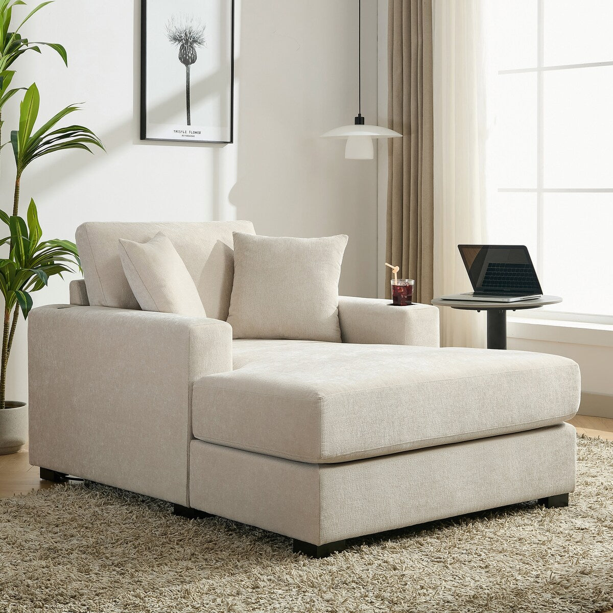 Canapé-lit de style moderne, chaise longue surdimensionnée de 43,5 pouces, avec coussins, station de recharge et porte-gobelets, tissu chenille.