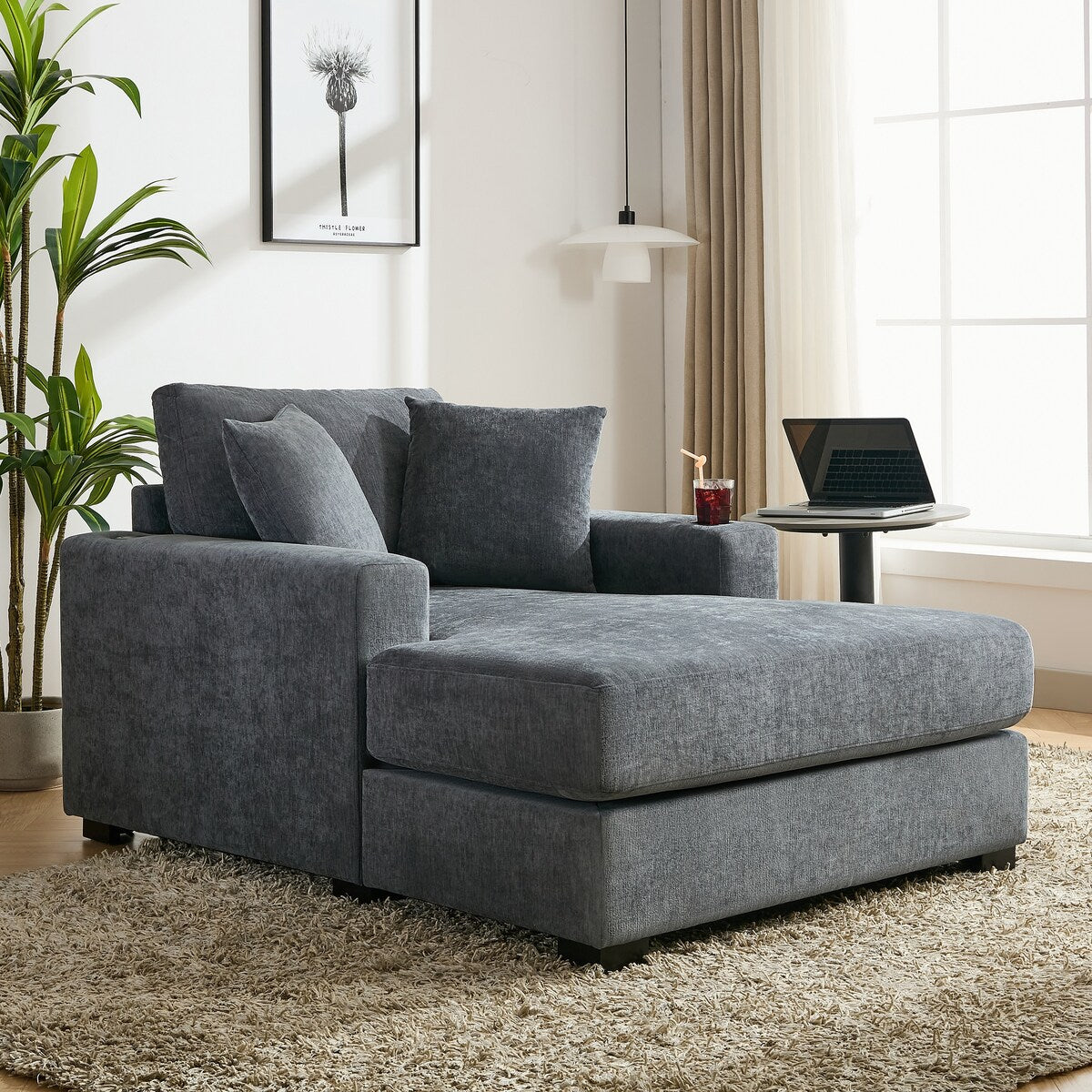 Canapé-lit de style moderne, chaise longue surdimensionnée de 43,5 pouces, avec coussins, station de recharge et porte-gobelets, tissu chenille.