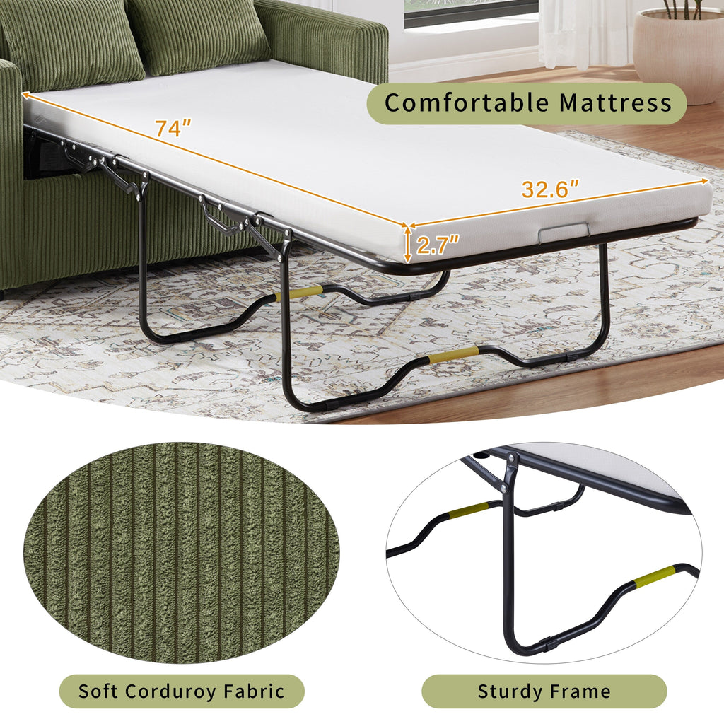 47.2 Corduroy Twin Sleeper Sofa with Foldable Mattress, Side Table, USB Ports, and Storage Pocket