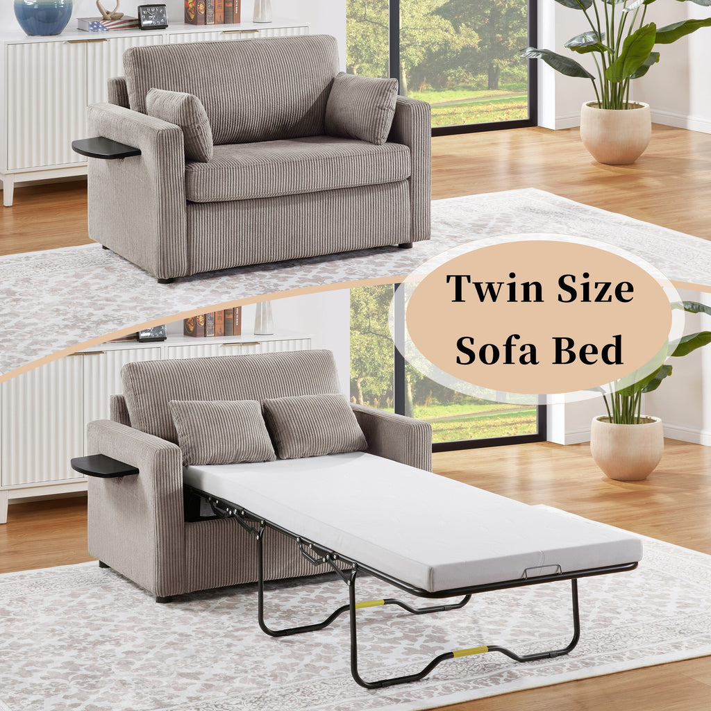 47.2 Corduroy Twin Sleeper Sofa with Foldable Mattress, Side Table, USB Ports, and Storage Pocket