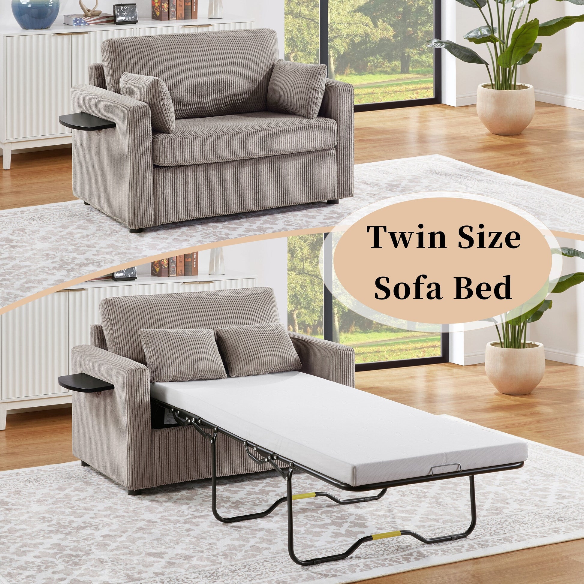 47.2 Corduroy Twin Sleeper Sofa with Foldable Mattress, Side Table, USB Ports, and Storage Pocket