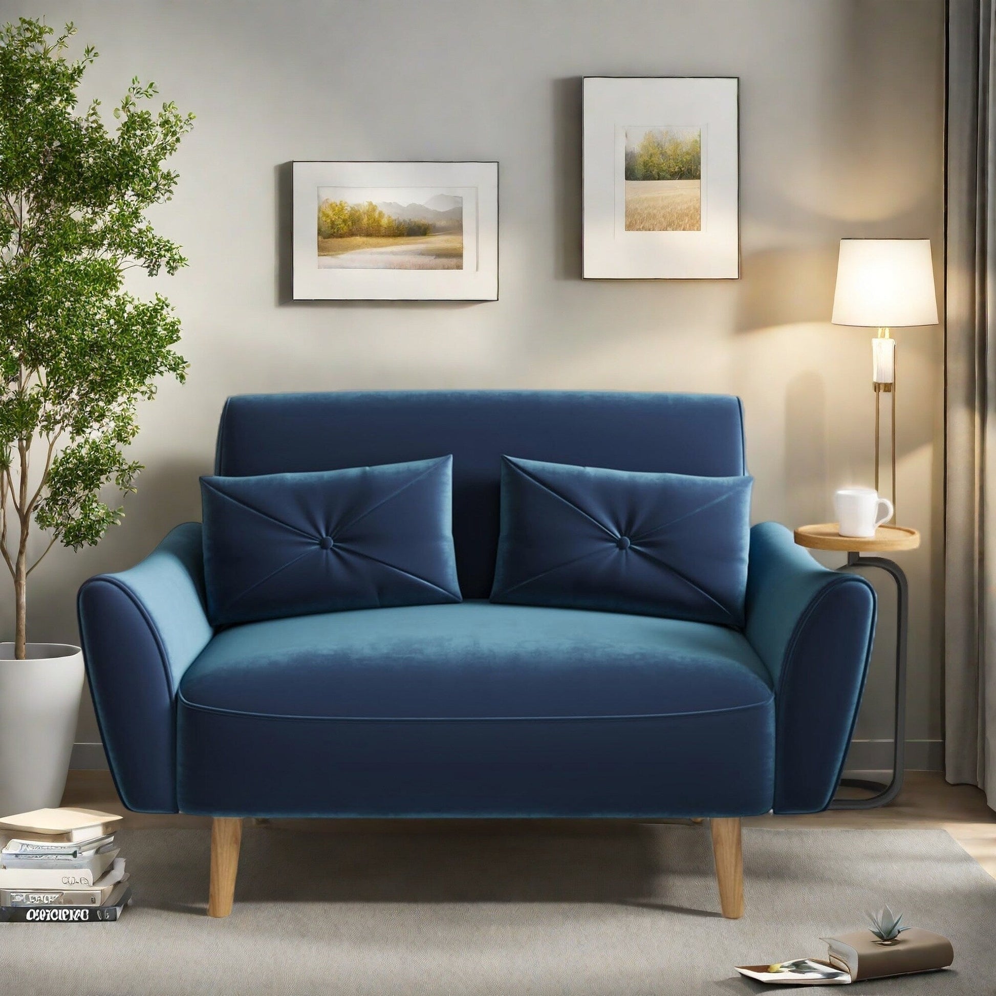 Canapé 2 places en bois 47.6 avec plateau escamotable et accoudoirs incurvés - Assise luxueuse et compacte pour les petits espaces