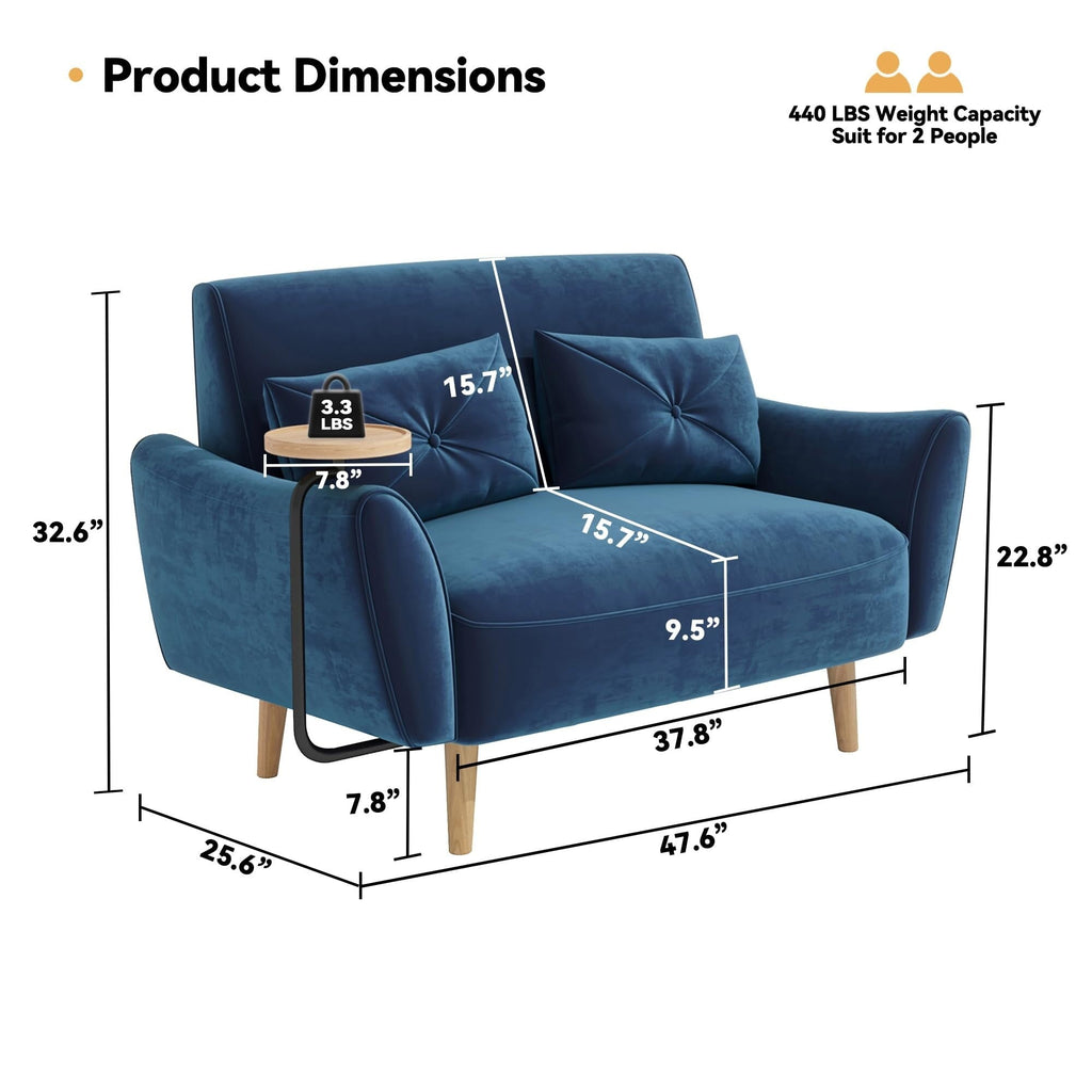 Canapé 2 places en bois 47.6 avec plateau escamotable et accoudoirs incurvés - Assise luxueuse et compacte pour les petits espaces