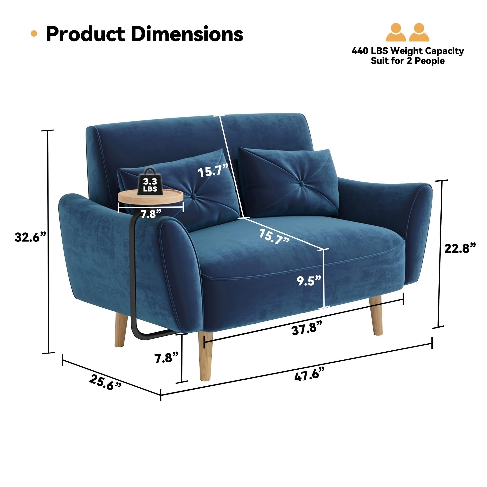 Canapé 2 places en bois 47.6 avec plateau escamotable et accoudoirs incurvés - Assise luxueuse et compacte pour les petits espaces