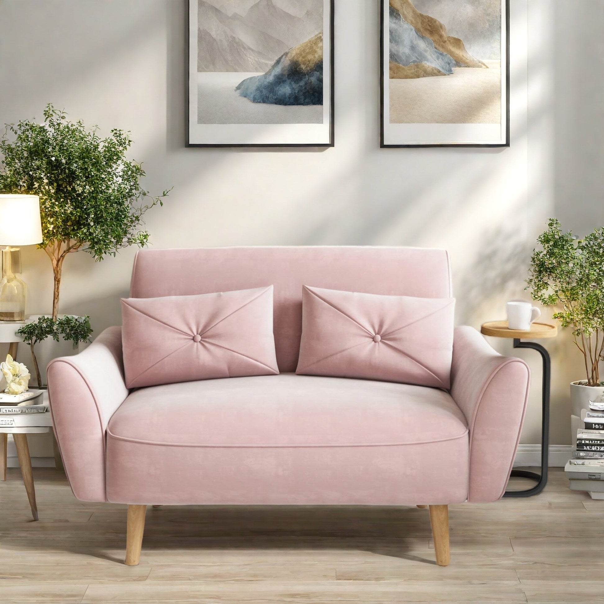 Canapé 2 places en bois 47.6 avec plateau escamotable et accoudoirs incurvés - Assise luxueuse et compacte pour les petits espaces