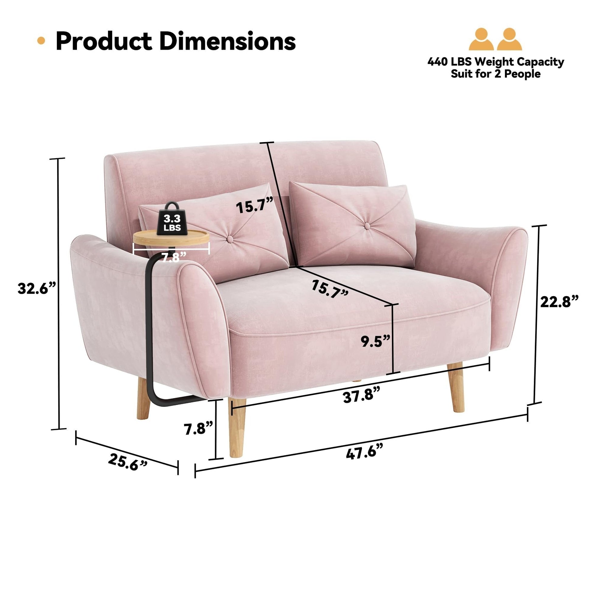 Canapé 2 places en bois 47.6 avec plateau escamotable et accoudoirs incurvés - Assise luxueuse et compacte pour les petits espaces