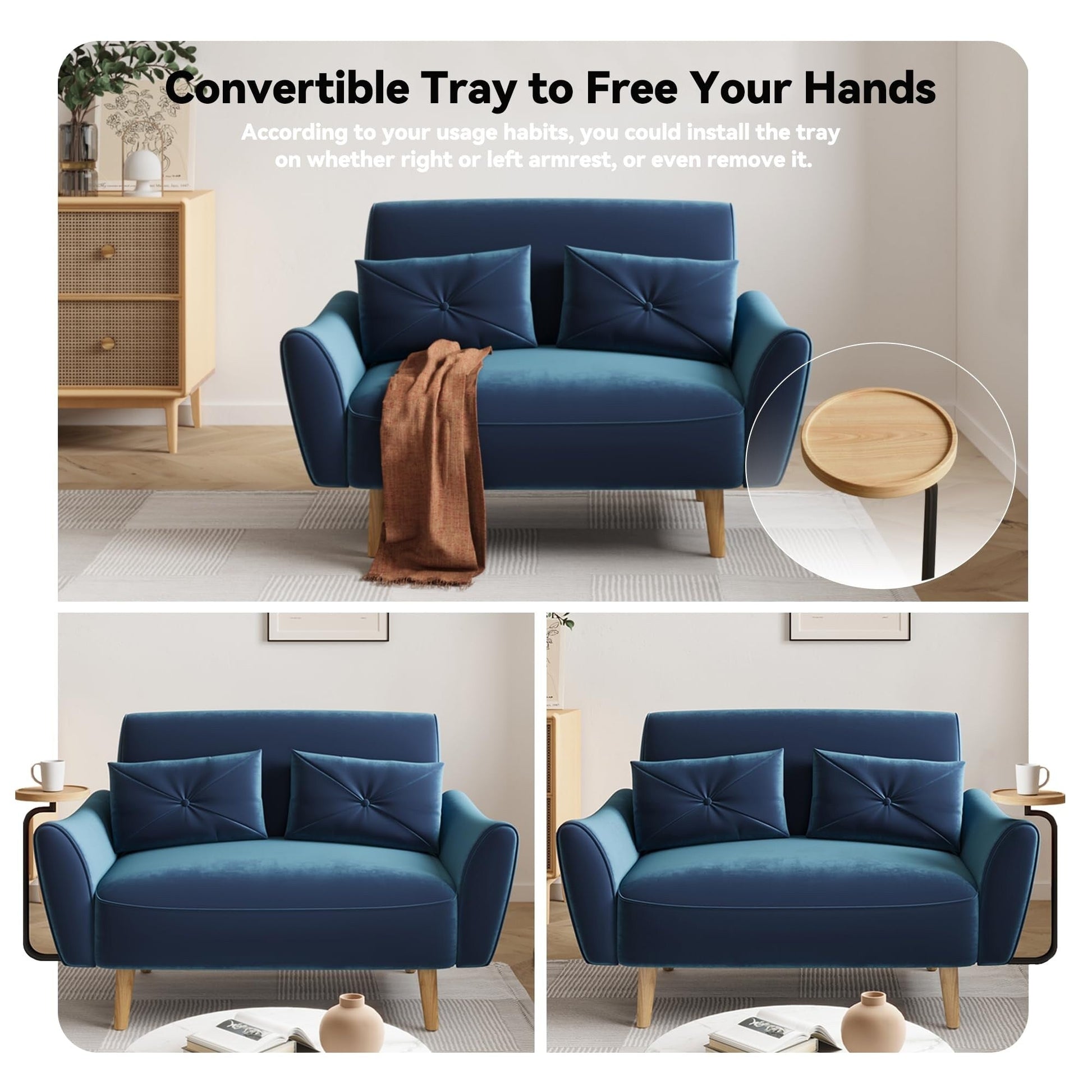 Canapé 2 places en bois 47.6 avec plateau escamotable et accoudoirs incurvés - Assise luxueuse et compacte pour les petits espaces