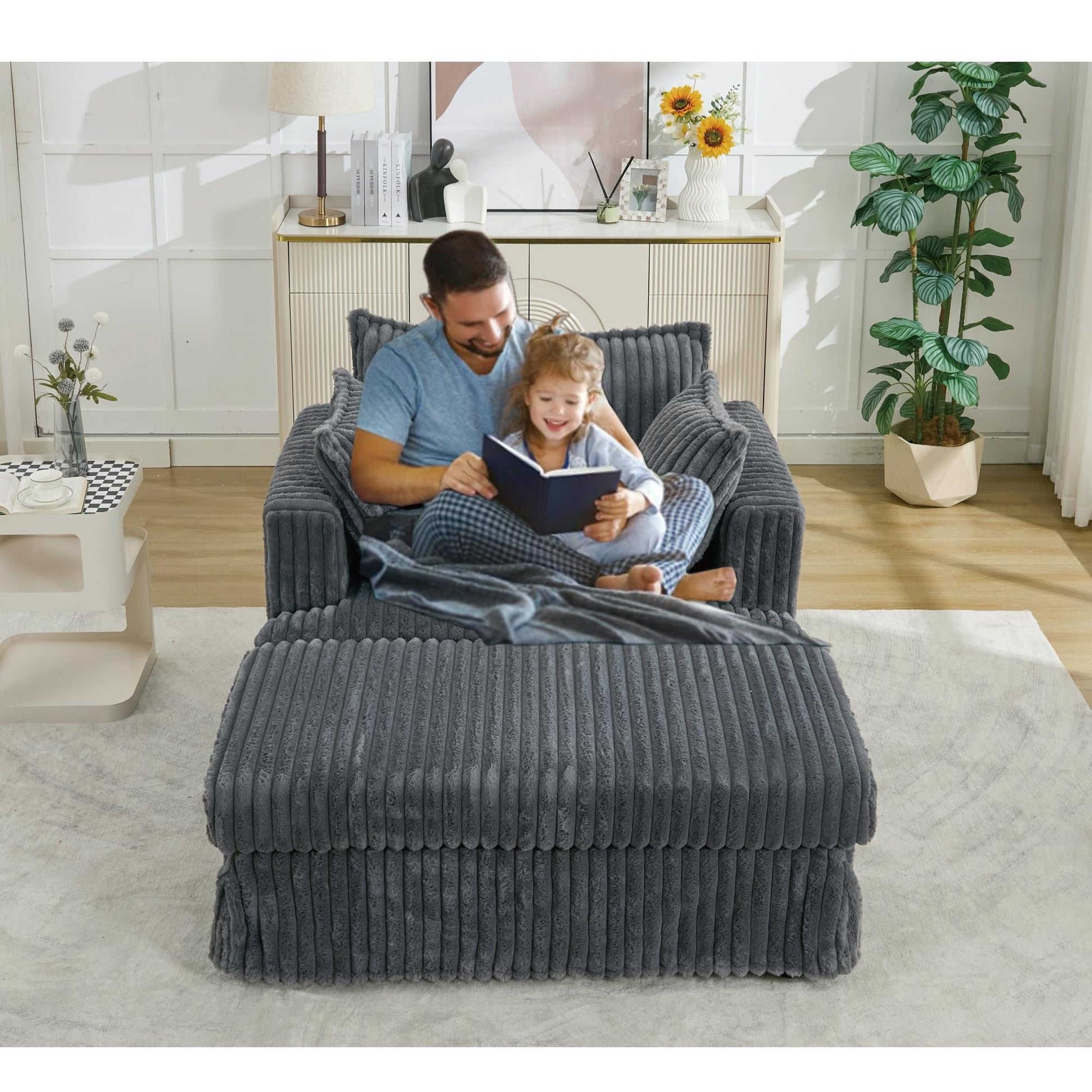 47.7 Oversized Corduroy Chaise Lounge with Ottoman Recliner