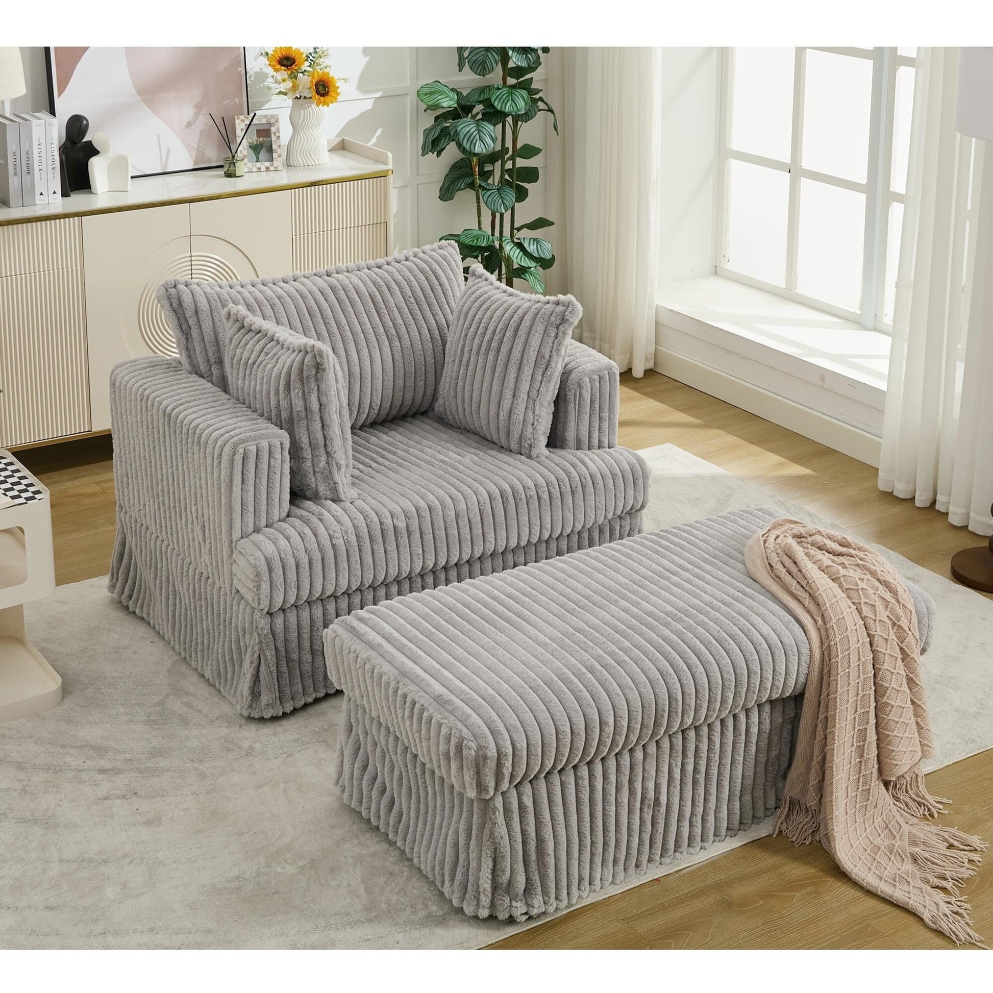 Chaise longue en velours côtelé surdimensionnée avec pouf (47.7)