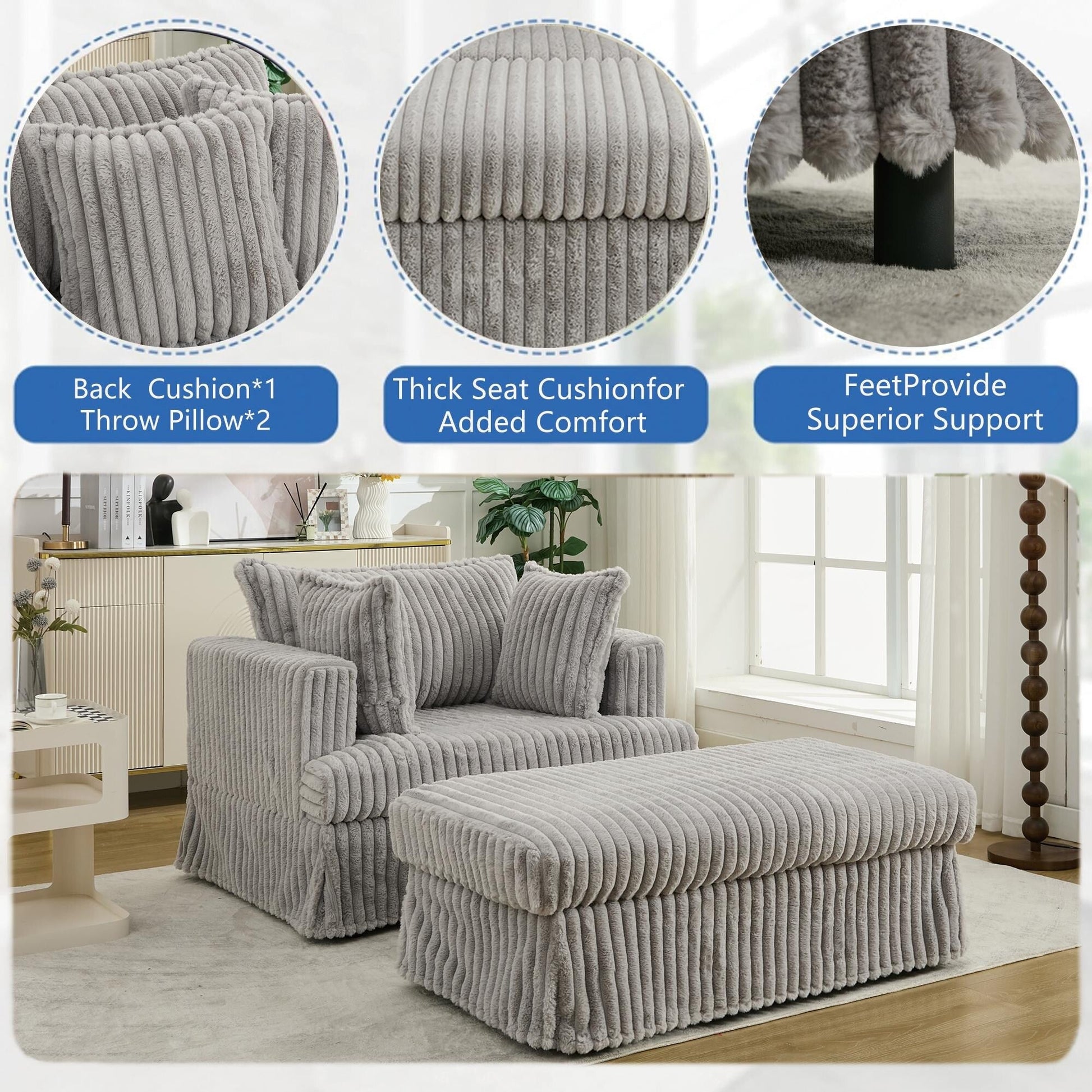 Chaise longue en velours côtelé surdimensionnée avec pouf (47.7)