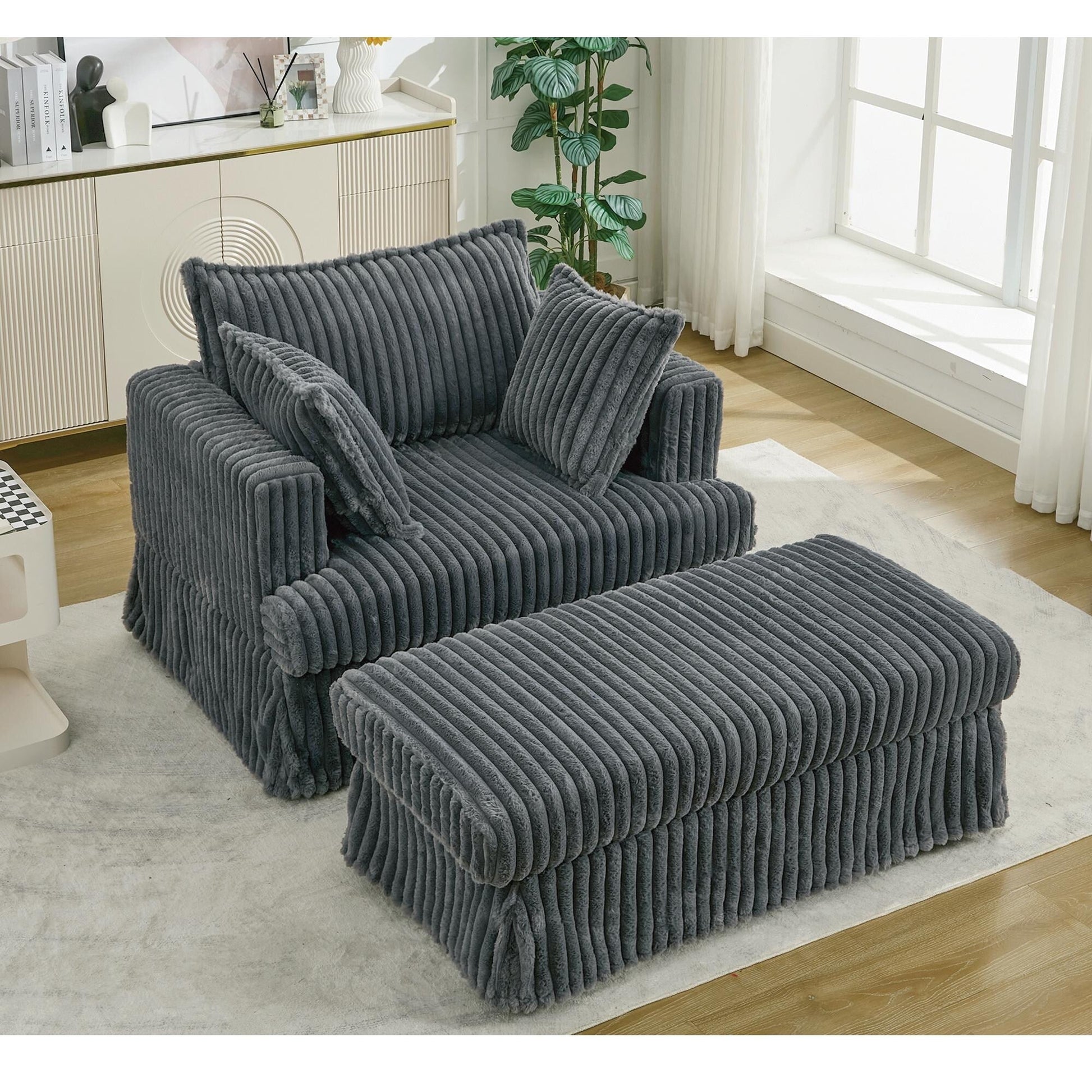 Chaise longue en velours côtelé surdimensionnée avec pouf (47.7)