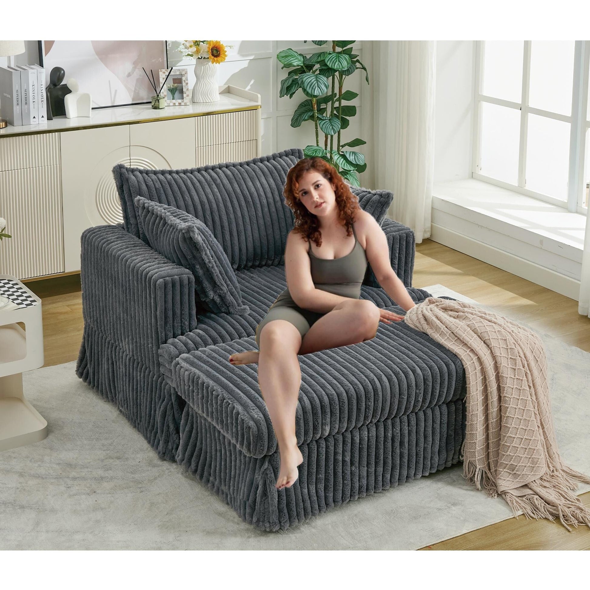 Chaise longue en velours côtelé surdimensionnée avec pouf (47.7)