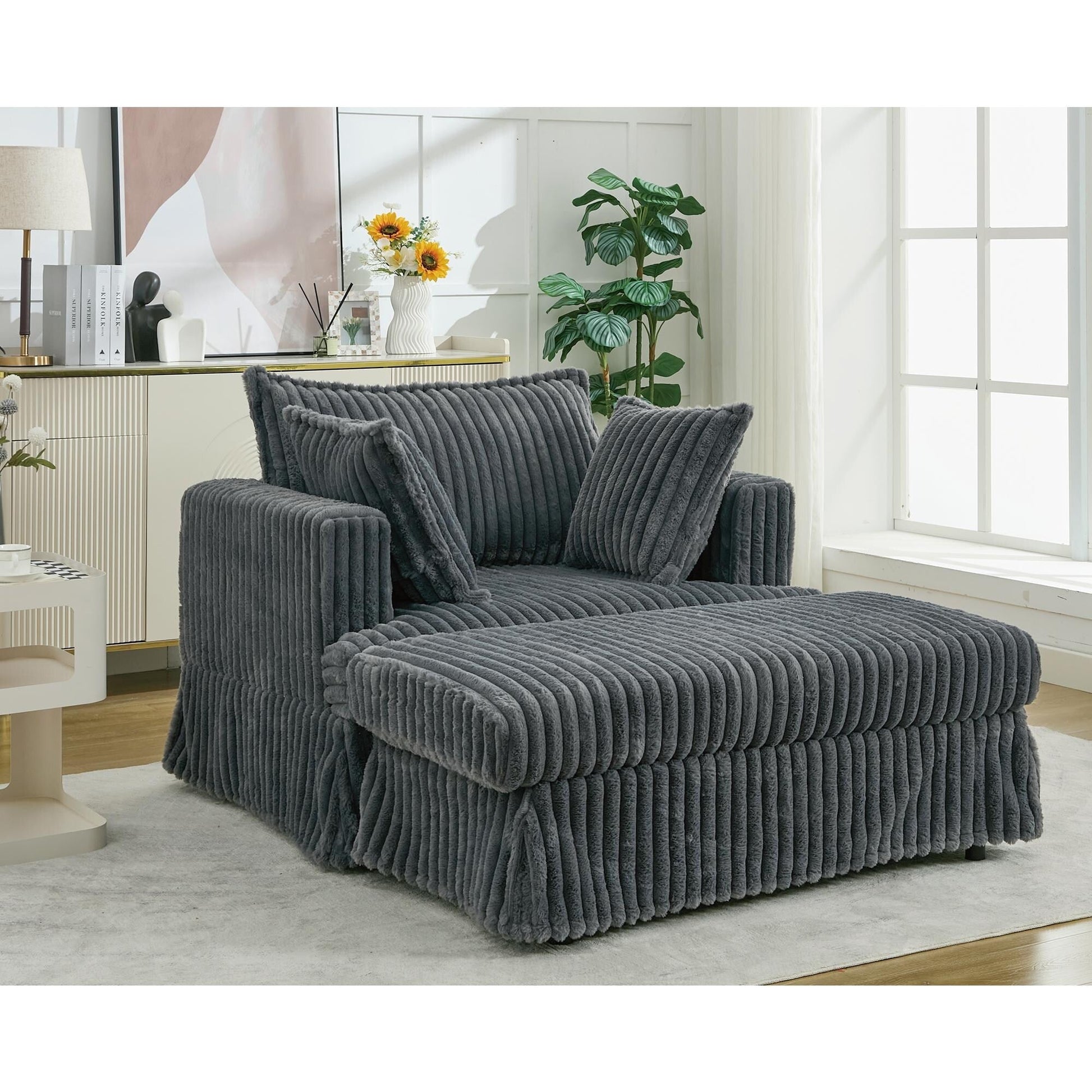 Chaise longue en velours côtelé surdimensionnée avec pouf (47.7)